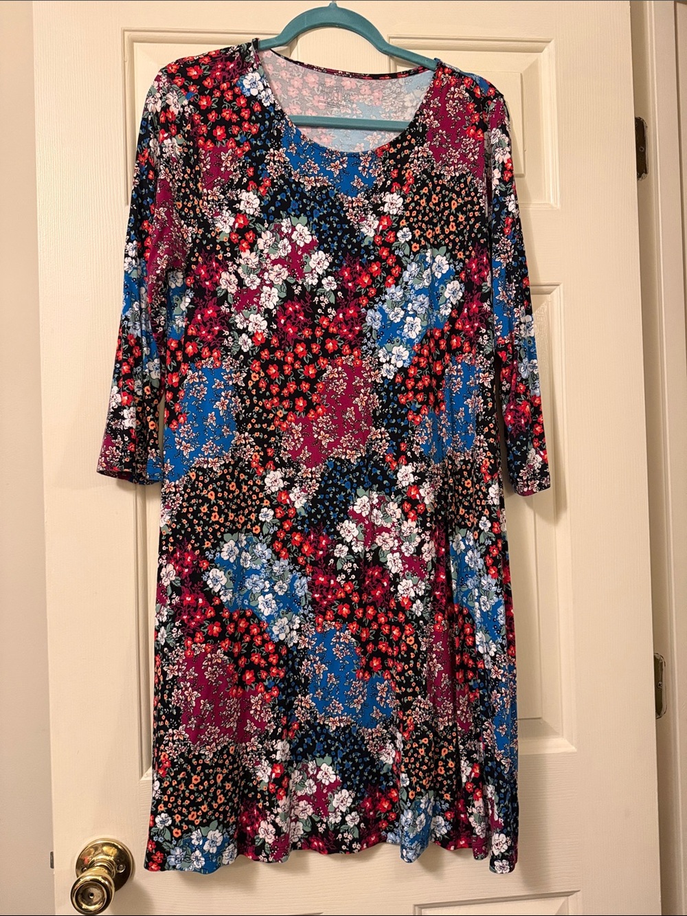 Floral Patchwork Swing Dress - Blue & Pink